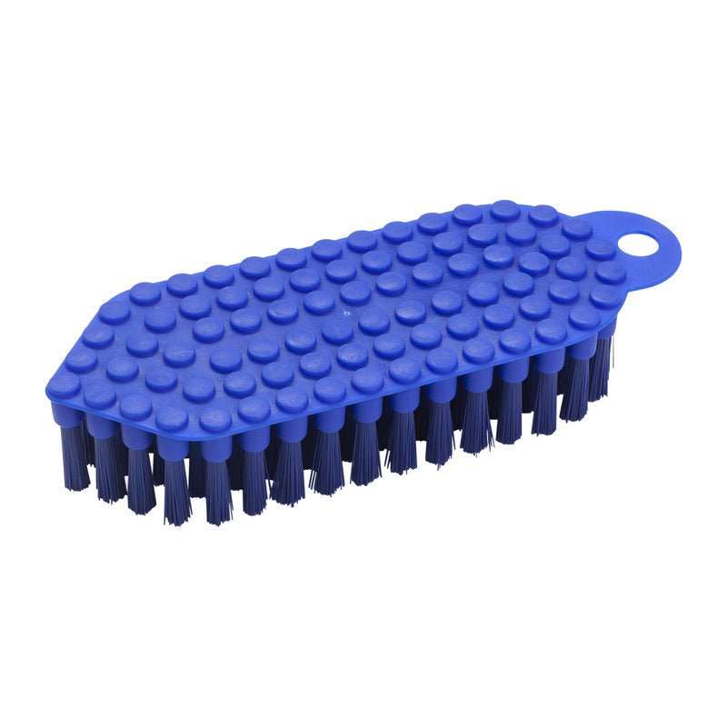 La FLEXO-BÜRSTE di Haug Bürsten KG è blu con setole rigide in PBT ø 0,35mm e ha un manico strutturato e arrotondato con un foro a un'estremità per appenderla. Dimensioni: 190x70x25 mm.