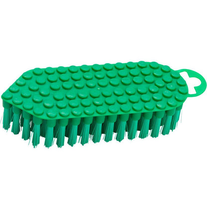 La Haug Bürsten KG FLEXO-BÜRSTE, PBT ø 0,35MM MEDIO (190x70x25 mm) è una spazzola per la pulizia verde con setole rigide in PBT, una parte superiore strutturata con rilievi circolari in rilievo e un piccolo manico con un'apertura ovale a un'estremità.