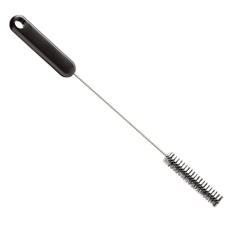 La Haug Bürsten KG SPAZZOLA PER TUBI, ø 0,35MM DURA, 305Xø15X80MM ha un lungo stelo in metallo intrecciato, un manico in plastica nera e setole cilindriche rigide - ideale per la pulizia dei tubi e la rimozione di sporco ostinato.