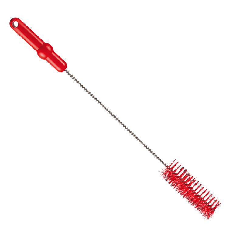 La SPAZZOLA PER TUBI, ø 0,50MM MEDIA, 500Xø40MM di Haug Bürsten KG dispone di setole rigide e un lungo manico in metallo - perfetta come spazzola per la pulizia di tubi per una pulizia accurata. Raffigurata con manico rosso su sfondo bianco.