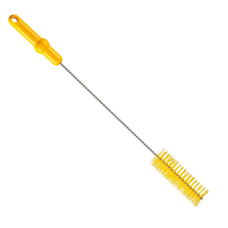 La SPAZZOLA PER TUBI, ø 0,50MM MEDIA, 500Xø40MM di Haug Bürsten KG ha setole gialle rigide, un manico giallo e un lungo manico in metallo intrecciato - perfetta come spazzola per la pulizia di tubi. Fotografata su uno sfondo bianco.