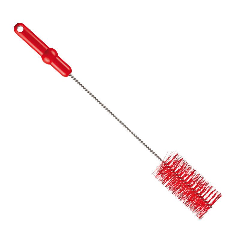 La SPAZZOLA PER TUBI, ø 0,50MM MEDIO 500Xø 60MM di Haug Bürsten KG ha un manico in metallo intrecciato, setole rosse rigide e una testa cilindrica - ideale per la pulizia delle pipe; rappresentata su sfondo bianco.
