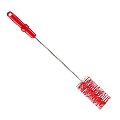 La SPAZZOLA PER TUBI, ø 0,50MM MEDIO 500Xø 60MM di Haug Bürsten KG ha un manico in metallo intrecciato, setole rosse rigide e una testa cilindrica - ideale per la pulizia delle pipe; rappresentata su sfondo bianco.