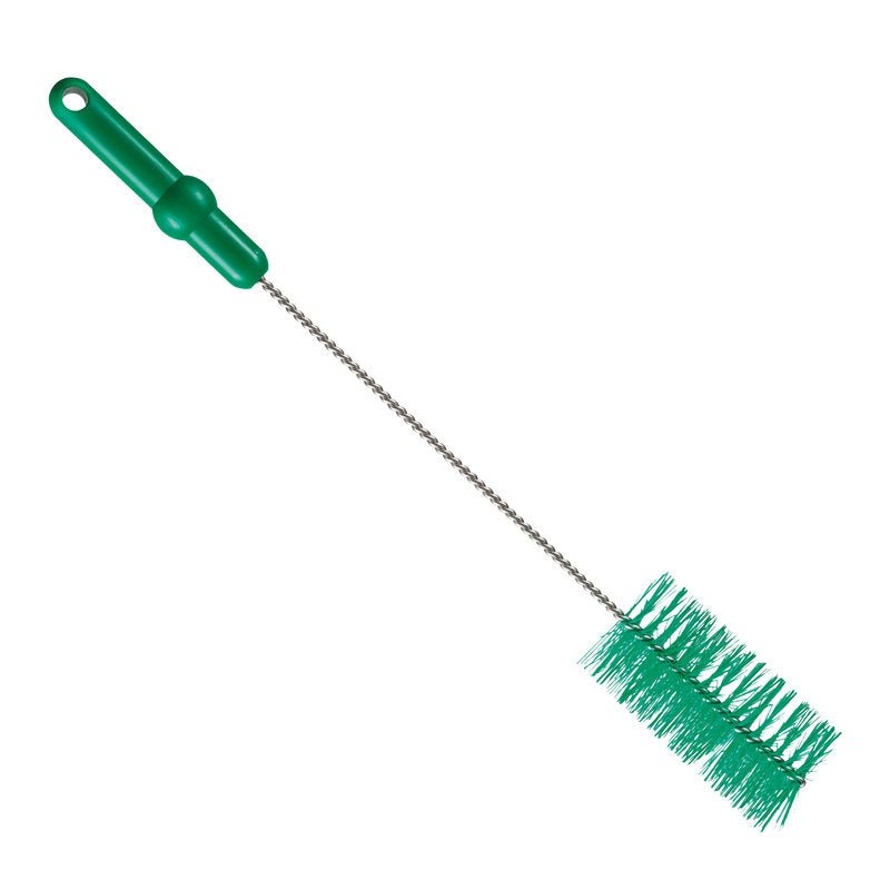 La SPAZZOLA PER TUBI ø 0,50MM MEDIO 500Xø 60MM di Haug Bürsten KG ha un manico verde con foro per appendere, un lungo stelo in metallo e setole cilindriche da 50mm - perfetta per la pulizia delle pipe.