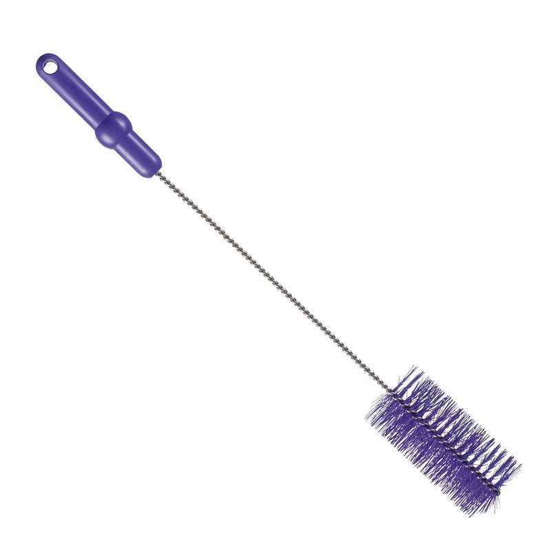 La Haug Bürsten KG SPAZZOLA PER TUBI, ø 0,50MM MEDIO 500Xø 60MM, ha un manico in plastica viola e setole su un stelo in filo metallico flessibile, ideale per la pulizia di spazi ristretti come bottiglie o tubi.