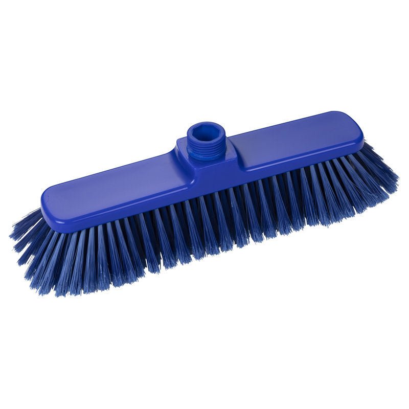 La SCOPA, MORBIDA 280X50X55MM di Haug Bürsten KG è una testa di spazzola in plastica blu con setole dense e una base filettata, ideale per la pulizia domestica e la pulizia delicata di superfici sensibili, raffigurata su sfondo bianco.