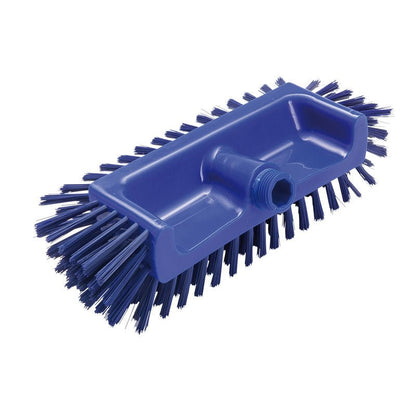 La SPAZZOLA ANGOLARE ø0,50MM MEDIA di Haug Bürsten KG (320x125x40-50mm) in plastica blu con setole rigide sui lati e sul fondo pulisce angoli difficili da raggiungere e ha un foro filettato per un manico.