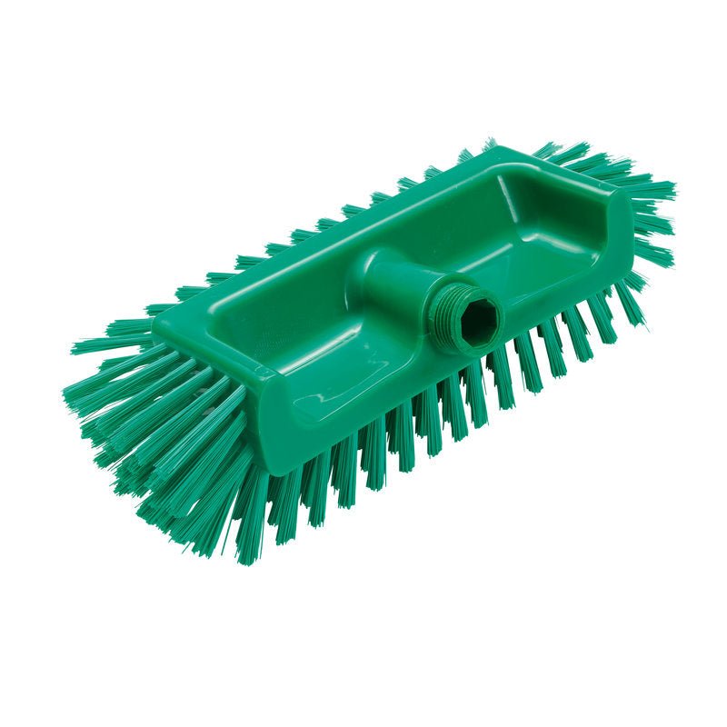 La SPAZZOLA ANGOLARE ø0,50MM MEDIA (320x125x40-50mm) di Haug Bürsten KG è una testa di spazzola rettangolare verde con setole laterali e inferiori rigide, ideale per la pulizia di angoli difficili da raggiungere e dispone di un foro filettato centrale per il fissaggio del manico.