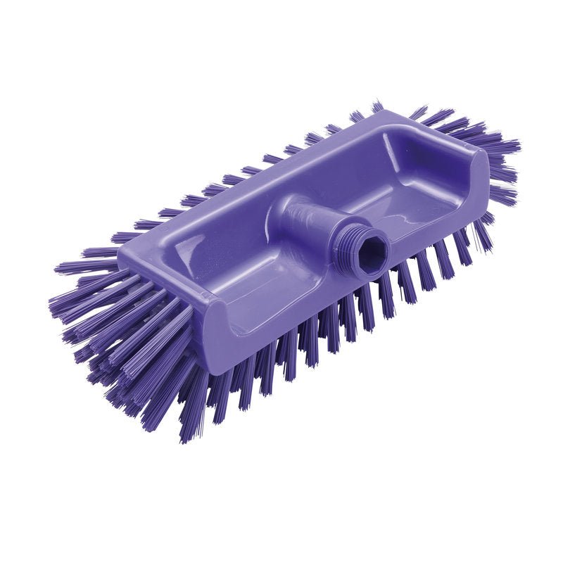 La SPAZZOLA ANGOLARE ø0,50MM MEDIA di Haug Bürsten KG (320x125x40-50mm) è una spazzola angolare viola con setole rigide sui bordi e foro filettato centrale - ideale per la pulizia di angoli difficili da raggiungere. Foto su sfondo bianco.