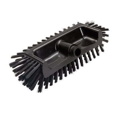 Un primo piano della SPAZZOLA ANGOLARE Haug Bürsten KG, ø0,50mm media, 320x125x40-50mm, testa rettangolare nera con setole rigide e foro filettato centrale - ideale come strumento di pulizia per angoli difficili da raggiungere.