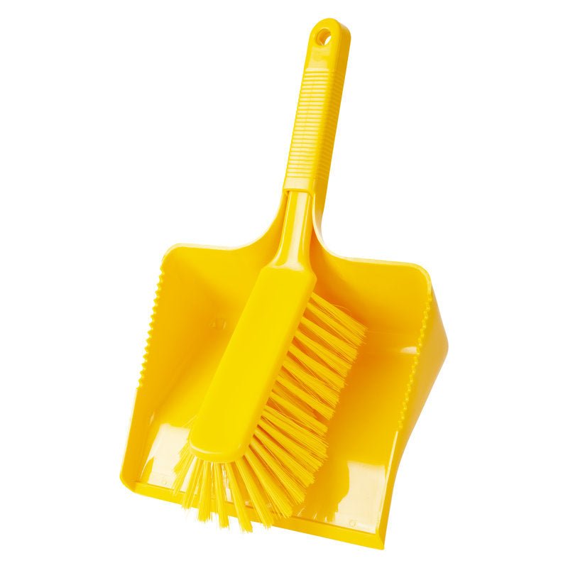 La Haug Bürsten KG PALLETTA E SCOPA, NON FESSURATA, ø0,25MM, MORBIDA, 350MM è un set di paletta e spazzola giallo con setole morbide e un manico strutturato. La spazzola è inserita nella vaschetta; entrambi sono ideali per la pulizia dei pavimenti e appaiono puliti e non usati.