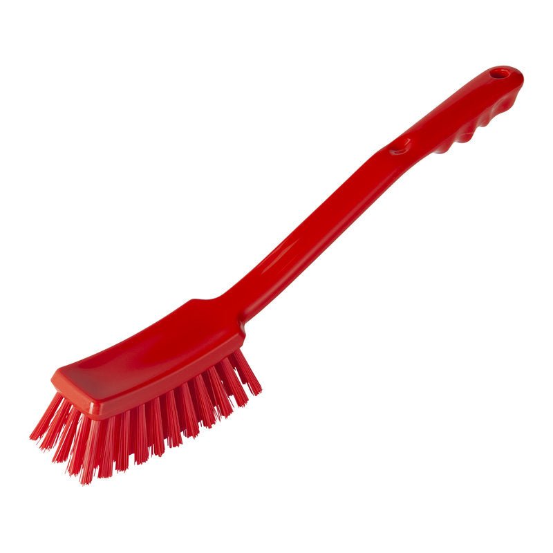 La STIELBÜRSTE, PBT HART 400X48X35MM di Haug Bürsten KG è una spazzola di pulizia rossa in plastica robusta con un lungo manico, setole dure in PBT e apertura per appendere - ideale per la pulizia di stoviglie e superfici.