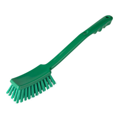 La STIELBÜRSTE di Haug Bürsten KG, PBT HART 400X48X35MM, è una spazzola di pulizia in plastica verde con un lungo manico e setole rigide in PBT, raffigurata su uno sfondo bianco semplice.