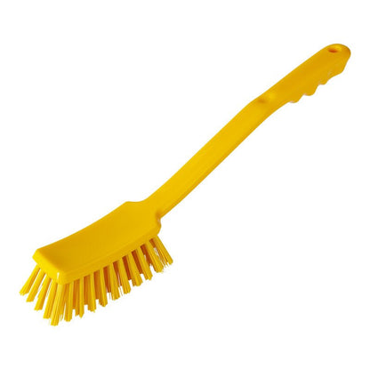 La STIELBÜRSTE di Haug Bürsten KG, PBT HART 400X48X35MM, è una spazzola di pulizia in plastica gialla con setole rigide in PBT e un lungo manico leggermente curvato, raffigurata su sfondo bianco.