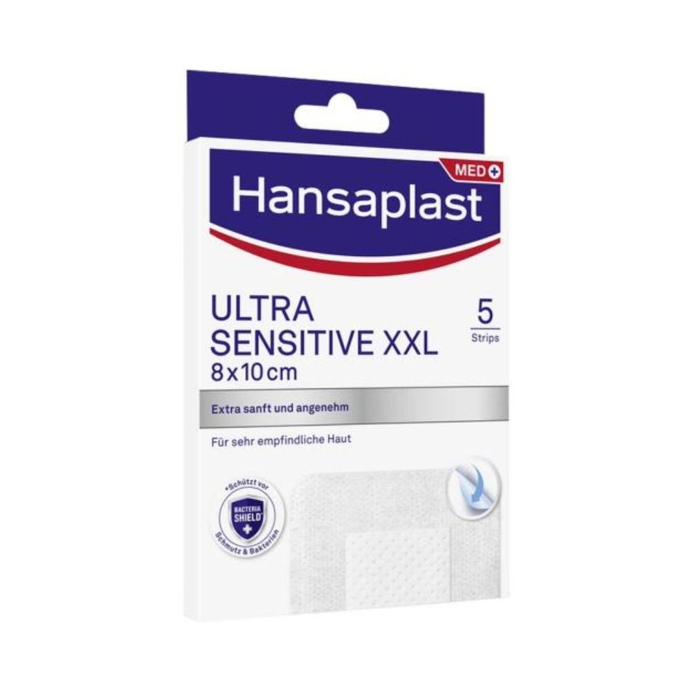 Un'immagine di Beiersdorf AG Hansaplast Sensitive XXL, particolarmente delicato sulla pelle 8 x 10 cm | Confezione (5 pezzi)-Scatola. Le strisce sono progettate per pelli molto sensibili. La scatola prevalentemente bianco-blu contiene testo in tedesco e inglese.