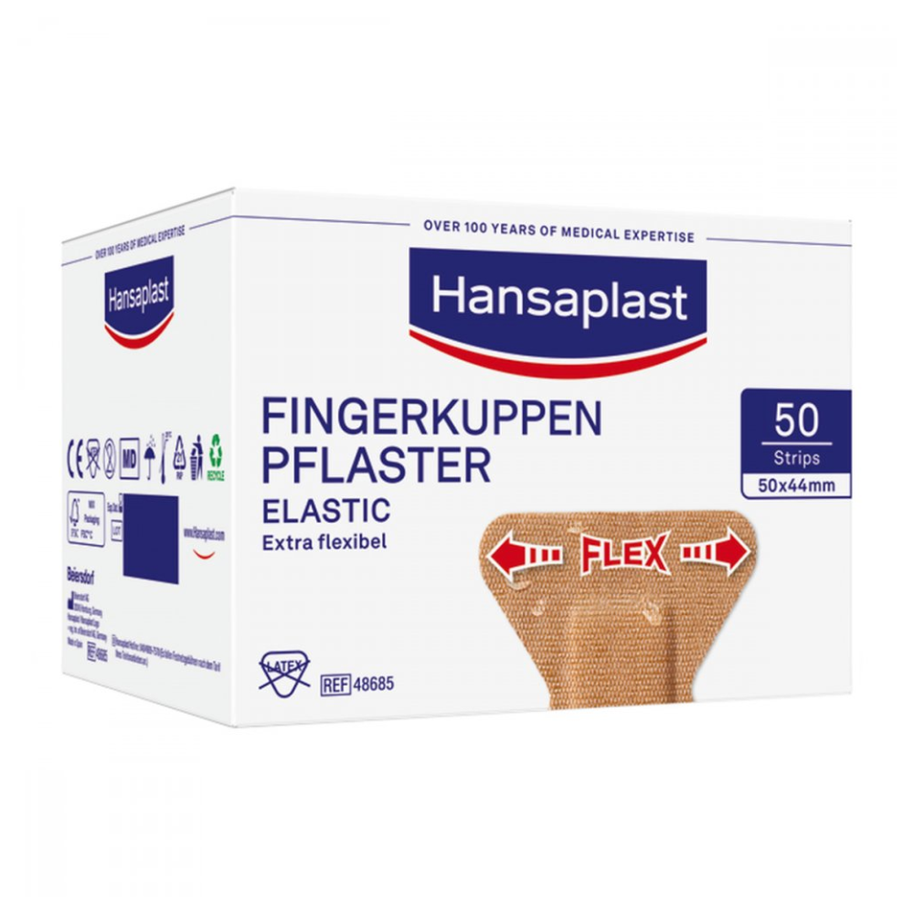 Una scatola di Beiersdorf AG Hansaplast Elastic Fingerkuppenpflaster 5 x 4,4 cm – 50 pezzi | Confezione (50 pezzi) cerotti flessibili, sviluppati per le punte delle dita. La confezione è bianca e blu, contiene 50 strisce e porta il logo Hansaplast.