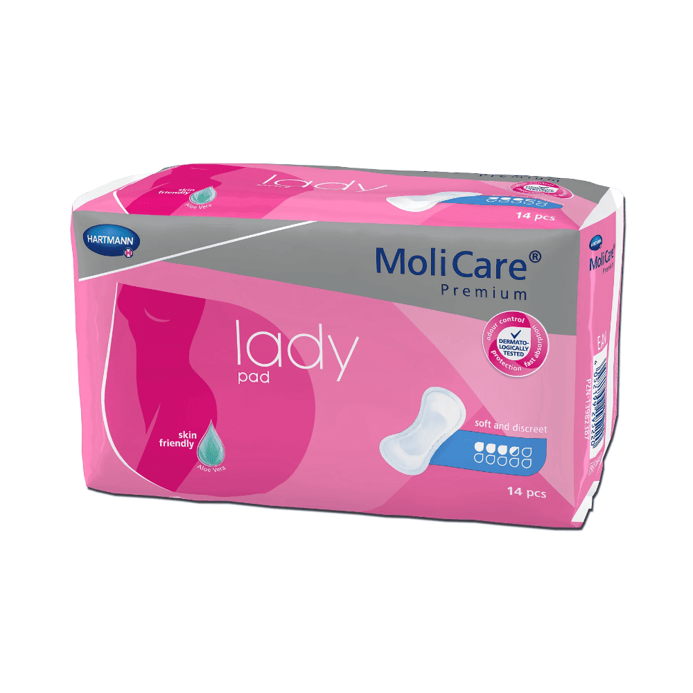 Una confezione di assorbenti Hartmann MoliCare® Premium Lady Pad viene esposta. La confezione è rosa con un design viola e bianco e mostra il nome del prodotto e il logo del marchio. La confezione contiene 14 assorbenti, ideali per lievi perdite urinarie, e sottolinea che il prodotto è amico della pelle, morbido e discreto.