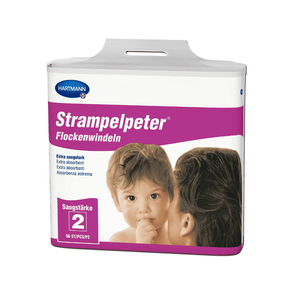 Una confezione di pannolini a fiocchi Hartmann Strampelpeter® - 56 pezzi assorbenti con l'immagine di un bambino che tocca il viso di una donna. Il testo indica "Taglia 2" e include.