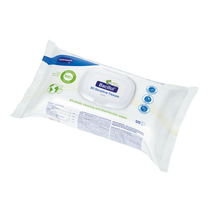 Una confezione di salviette disinfettanti rapide Hartmann Bacillol® 30 Sensitive Green Tissues | Confezione (120 salviette) di Paul Hartmann AG. La confezione bianca presenta accenti blu e verdi e include un testo che indica che contiene 120 salviette detergenti e disinfettanti a base di alcool ecologiche. Sul davanti c'è un'etichetta richiudibile con informazioni sul prodotto.