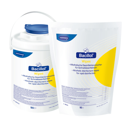 L'immagine mostra due contenitori Paul Hartmann AG Hartmann Bacillol® Wipes Salviette disinfettanti, busta stand-up, 90 salviette | pezzo (1 pezzo). Il contenitore a sinistra è un barattolo di plastica rotondo con coperchio blu, il contenitore a destra è un sacchetto di plastica richiudibile. Entrambi sono etichettati come disinfettanti a base alcolica per la disinfezione rapida e certificati ECARF.