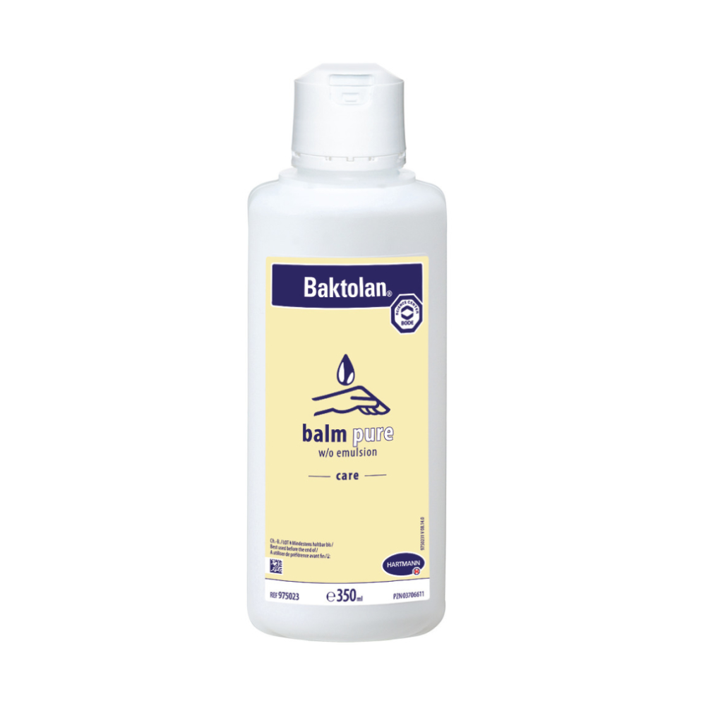 Una bottiglia di plastica bianca da 350 ml con beccuccio dell'articolo della Paul Hartmann AG: Baktolan® Lozione Balsamo per la cura della pelle con etichetta gialla, testo blu e chiusura a scatto bianca; offre una cura idratante della pelle come emulsione W/O.