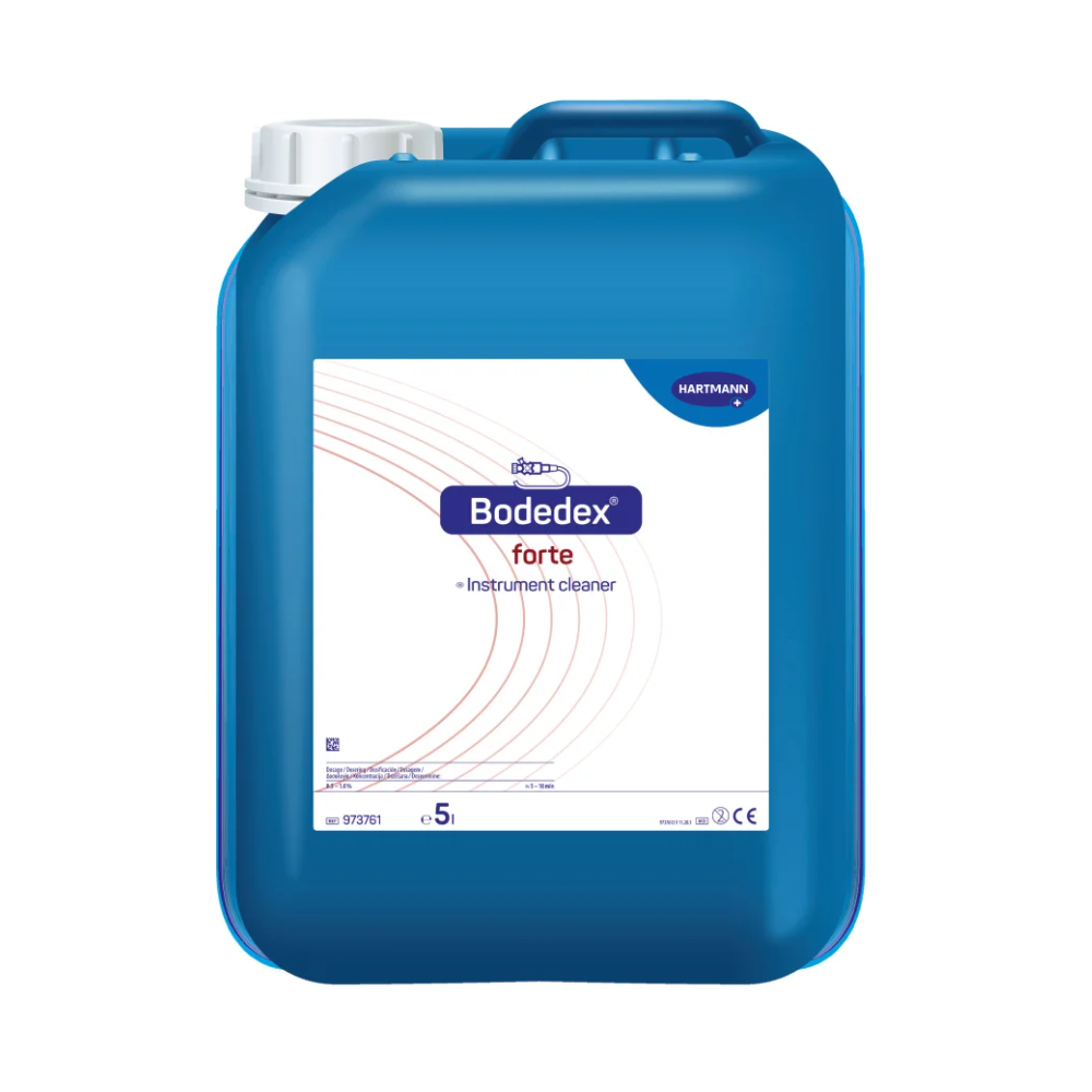 Un contenitore di plastica blu con la scritta "Hartmann Bodedex® forte detergente per strumenti" della Paul Hartmann AG, con indicatore di livello e descrizioni del prodotto in più lingue.