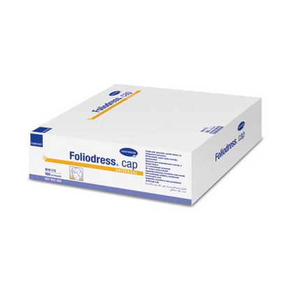 Una scatola chiusa bianco-blu con la scritta „Paul Hartmann AG Foliodress® Cap „universal“ Comfort OP-Hauben bianco“ contiene cuffie in tessuto non tessuto e sul lato un testo con dettagliate caratteristiche del prodotto.
