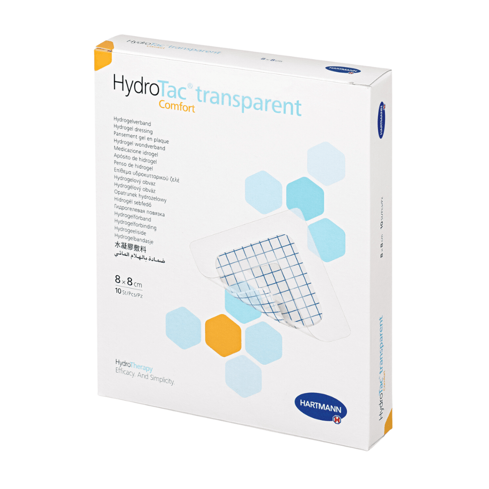Una scatola di medicazioni per ferite trasparenti HydroTac® comfort della Paul Hartmann AG. La confezione è bianca con elementi di design blu e turchesi e contiene un'immagine del prodotto e descrizioni in più lingue.