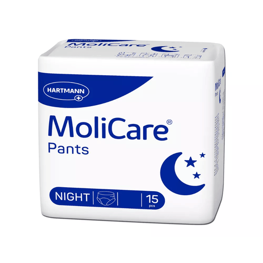 Gli slip per l'incontinenza Hartmann MoliCare Pants Night della Paul Hartmann AG sono disponibili in una confezione dai colori tenui, bianco e blu, decorata con mezzelune e stelle e con la scritta ben visibile «Night». Sono progettati per l'incontinenza urinaria, offrono una protezione discreta e sono disponibili in confezioni da 15 pezzi.
