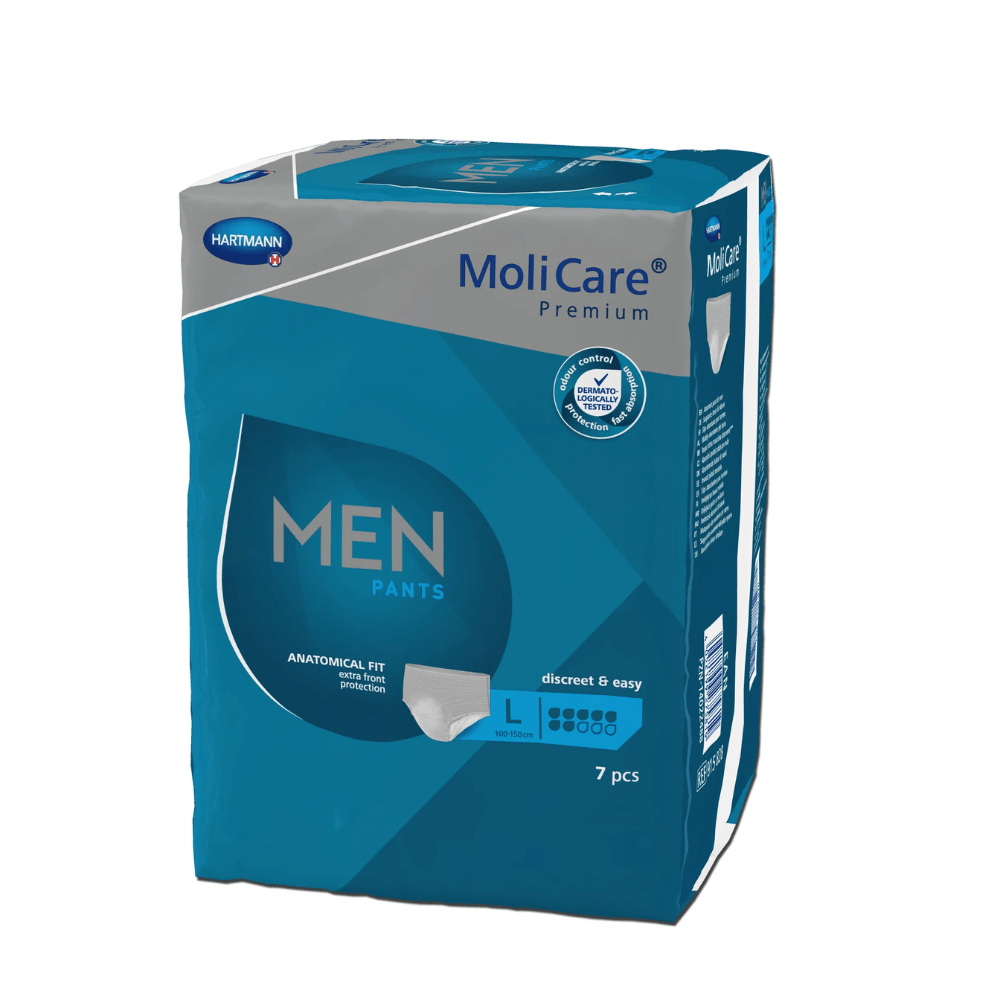 Confezione di Paul Hartmann AG Hartmann MoliCare® Premium MEN PANTS mutande per incontinenza nella taglia Large, contiene 7 pezzi. La confezione blu con testo bianco sottolinea la vestibilità anatomica del prodotto e la protezione discreta e semplice contro la debolezza della vescica maschile.