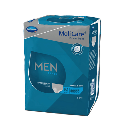 Nella foto è raffigurato un pacchetto di Paul Hartmann AG Hartmann MoliCare® Premium MEN PANTS mutande per incontinenza per uomini con debolezza della vescica. La confezione blu con accenti bianchi e argentati contiene 8 pezzi di mutande per incontinenza di taglia M. L'etichetta evidenzia caratteristiche come la vestibilità anatomica e la protezione discreta e semplice.