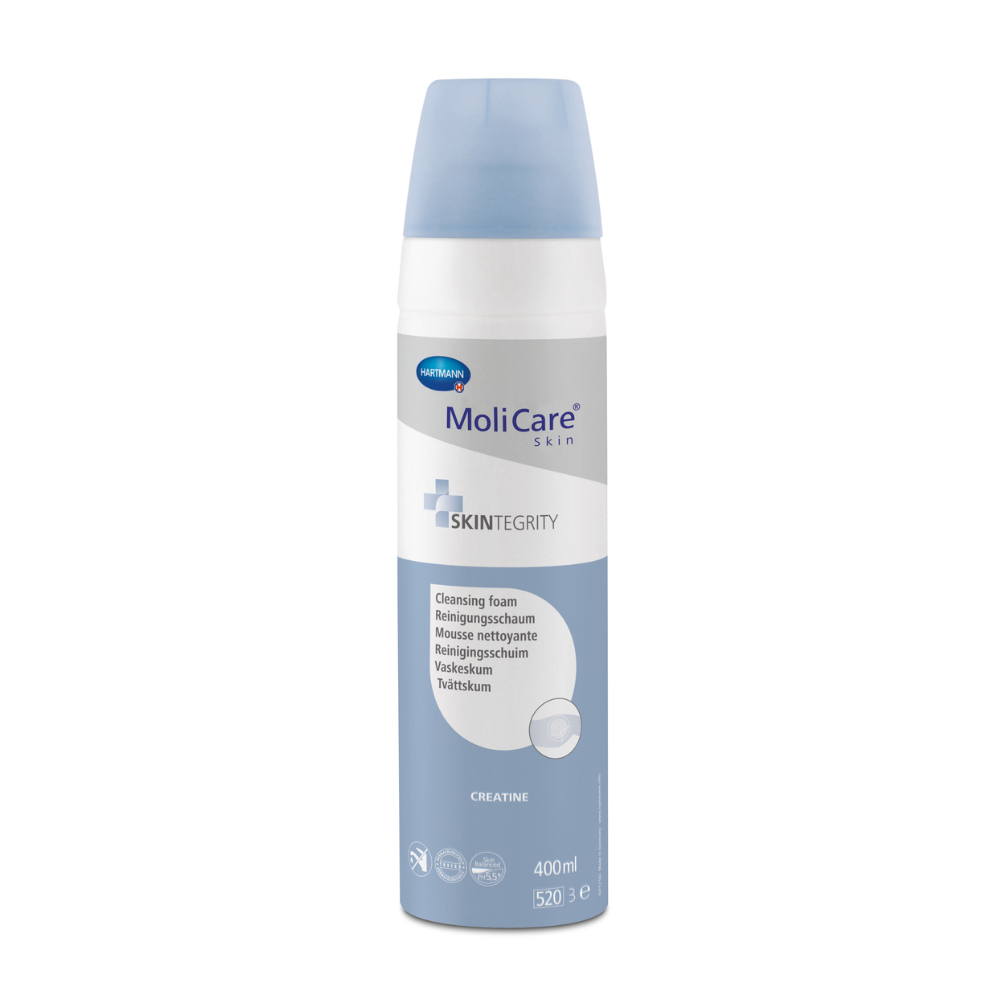 Una bottiglia da 400 ml di schiuma detergente MoliCare® Skin della Paul Hartmann AG con etichetta blu-bianca e testo multilingue su un semplice sfondo bianco.