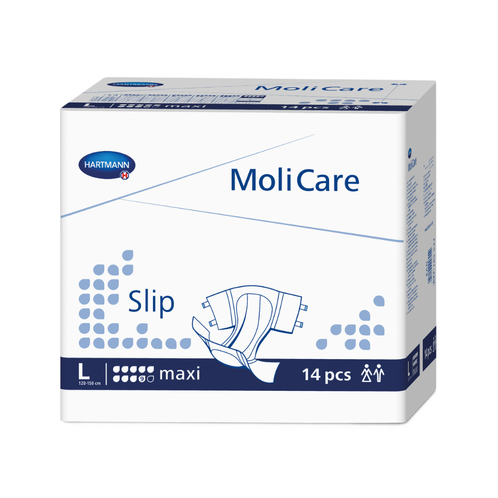 Una scatola di pannolini per adulti Hartmann MoliCare® Slip maxi 9 gocce della Paul Hartmann AG nella taglia L, contenente 14 pezzi, confezione prevalentemente bianca e blu con grafica e testo del prodotto.