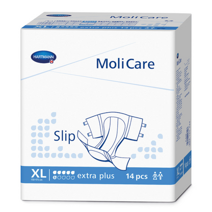 Una confezione di Paul Hartmann AG Hartmann MoliCare® extra+ Slip per incontinenza 6 gocce, Unisex nella taglia XL (130-175 cm). La confezione contiene 14 pezzi e riporta la scritta "extra plus". Con un design blu-bianco offre un'elevata capacità di assorbimento per una protezione eccellente contro le perdite.