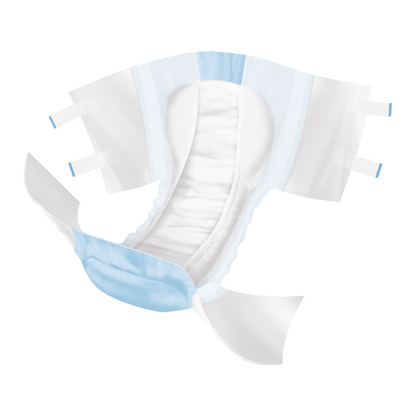Immagine di un pannolino monouso aperto con bordi esterni blu e bianchi, che mostra linguette su ciascun lato per il fissaggio e un cuscino assorbente bianco al centro. Il Paul Hartmann AG Hartmann MoliCare® extra+ Slip per incontinenza 6 gocce, Unisex | Confezione (14 pezzi), progettato da Paul Hartmann AG, si distingue per l'elevata capacità di assorbimento per un'eccellente assorbenza, nonché per le fasce elastiche alle gambe e un'area della fascia in vita blu.