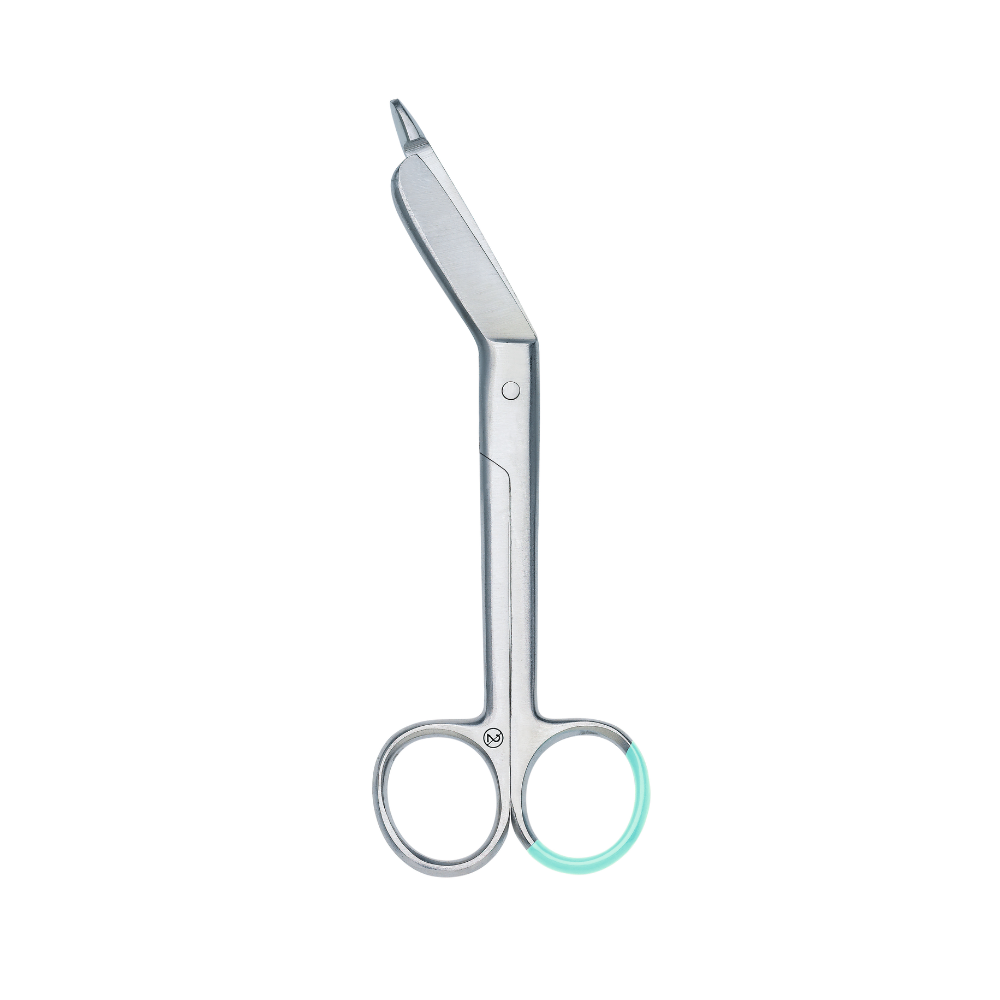 Le forbici per bende Hartmann da 16 cm P20 di Paul Hartmann AG sono uno strumento medico in acciaio inossidabile con lama angolata e punta smussata. L'impugnatura standard a loop è turchese e quindi ideale per applicazioni precise. Le forbici sono confezionate in set da 20 pezzi e isolate su sfondo bianco.
