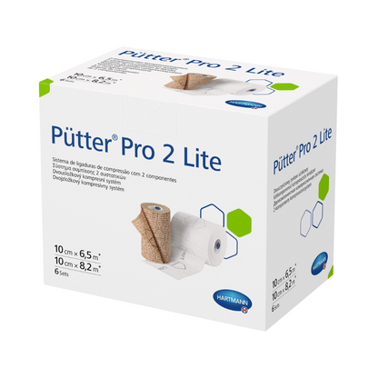 Una confezione del sistema di set di bende a compressione Hartmann Pütter® Pro 2 Lite, che mostra informazioni sulle dimensioni del prodotto e sull'uso su uno sfondo bianco. La scatola è bianca con accenti blu e verdi.