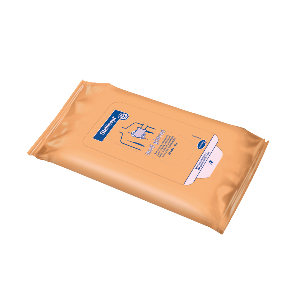 Una confezione di guanti Hartmann Stellisept® med della Paul Hartmann AG, guanti da lavaggio | Confezione (10 pezzi) per il lavaggio antibatterico totale del corpo. La confezione richiudibile di colore arancione presenta testo blu e illustrazioni, tra cui un'immagine di mani pulite.