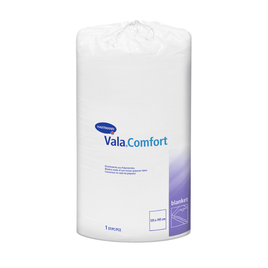 Un rotolo sigillato di coperte avvolgenti Hartmann Vala®Comfort della Paul Hartmann AG, raffigurato su sfondo bianco. L’etichetta riporta i dettagli del prodotto e le dimensioni (155 x 210 cm).