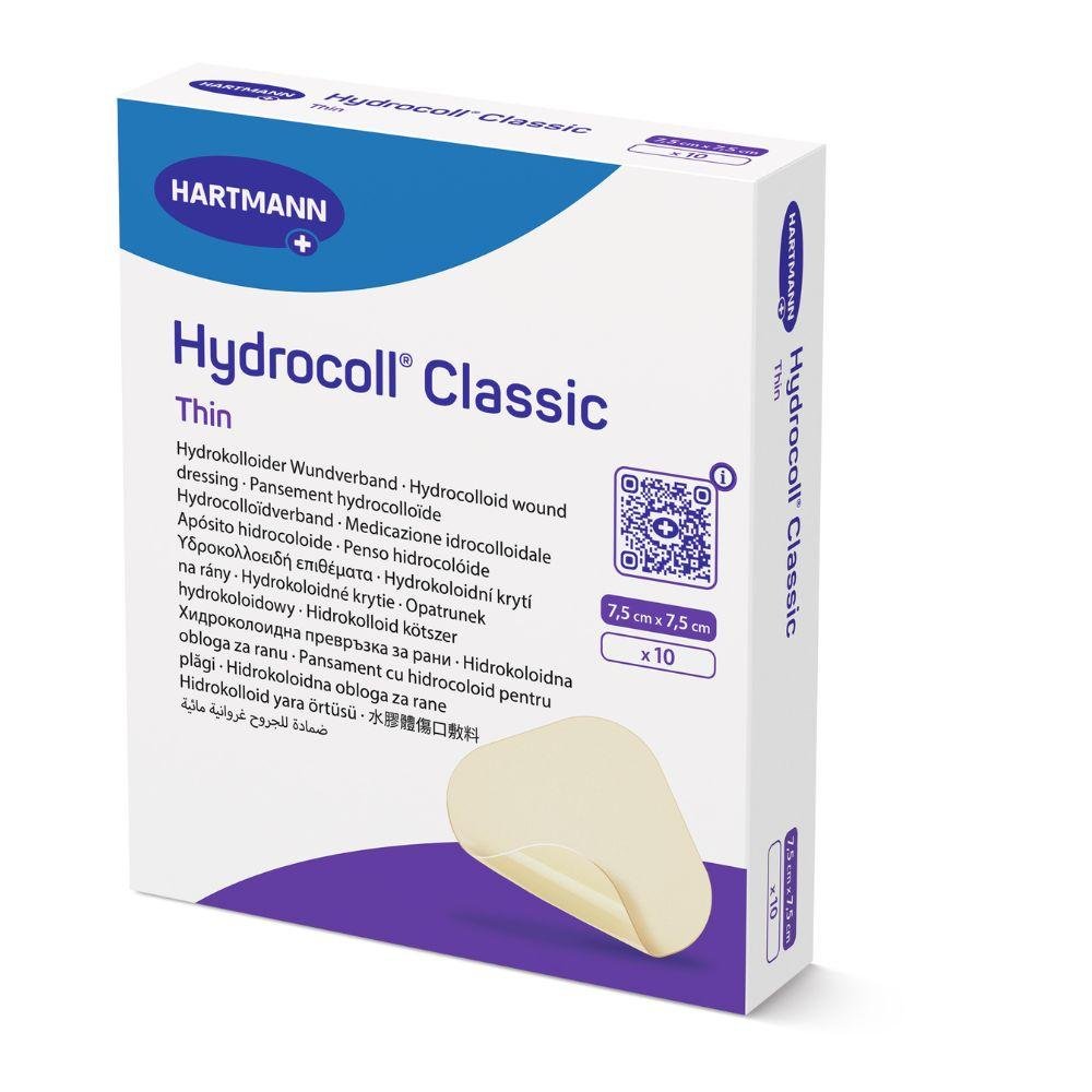 Una scatola di medicazioni sterili Hydrocoll® Classic Thin della Paul Hartmann AG, 7,5 x 7,5 cm, 10 pezzi per scatola, sigillati singolarmente. Confezione bianco-blu con testo multilingue.