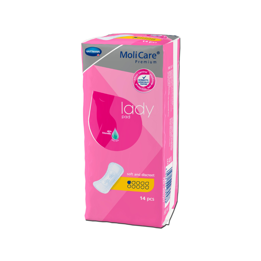 Una confezione rosa di assorbenti Hartmann MoliCare® Premium lady pad per lievi perdite urinarie. Sul davanti sono visibili il nome del marchio Paul Hartmann AG, il tipo di prodotto, un'immagine di goccia e un'illustrazione che evidenzia la natura morbida e discreta degli assorbenti. La confezione contiene 14 pezzi.