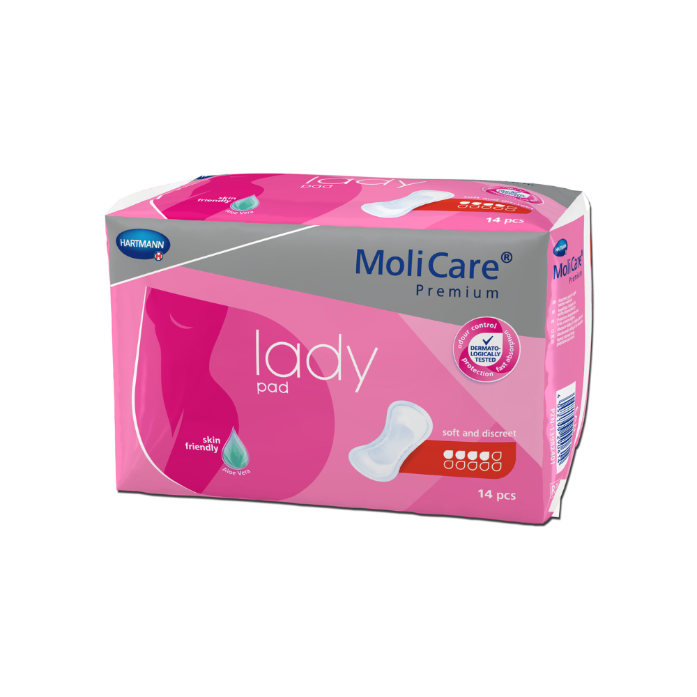 È raffigurata una confezione di assorbenti Hartmann MoliCare® Premium Lady Pad. La confezione rosa-bianca mostra sul davanti una silhouette femminile e contiene 14 assorbenti. Questi Lady Pads sono dotati del logo della Paul Hartmann AG e sono descritti come "morbido e discreto" e "amico della pelle", perfetti per lievi perdite urinarie.