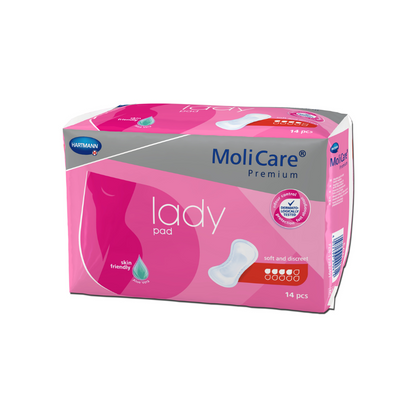 È raffigurata una confezione di assorbenti Hartmann MoliCare® Premium Lady Pad. La confezione rosa-bianca mostra sul davanti una silhouette femminile e contiene 14 assorbenti. Questi Lady Pads sono dotati del logo della Paul Hartmann AG e sono descritti come "morbido e discreto" e "amico della pelle", perfetti per lievi perdite urinarie.