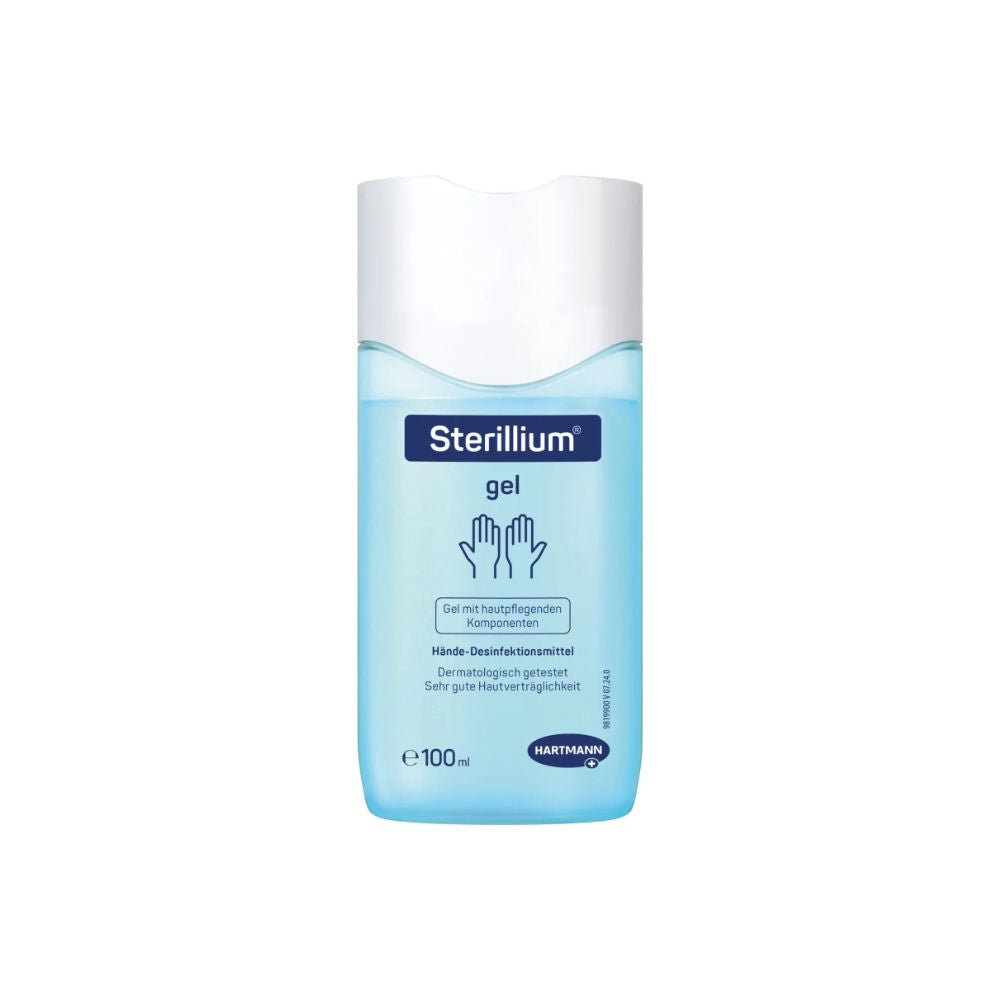Il gel disinfettante per le mani Hartmann Sterillium® della Paul Hartmann AG è decorato con un'etichetta blu con mani contornate di bianco e un testo sulla formula delicata sulla pelle. La bottiglia da 100 ml è ottimale per la disinfezione igienica delle mani e offre protezione in movimento.
