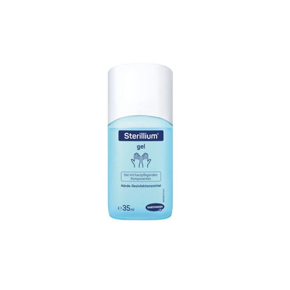 Questa bottiglia da 35 ml di gel disinfettante per le mani Hartmann Sterillium® della Paul Hartmann AG ha un'etichetta blu e un tappo bianco con testo non in inglese e il logo Hartmann con due mani delineate, come segno dell'impegno dell'azienda per la disinfezione igienica delle mani.