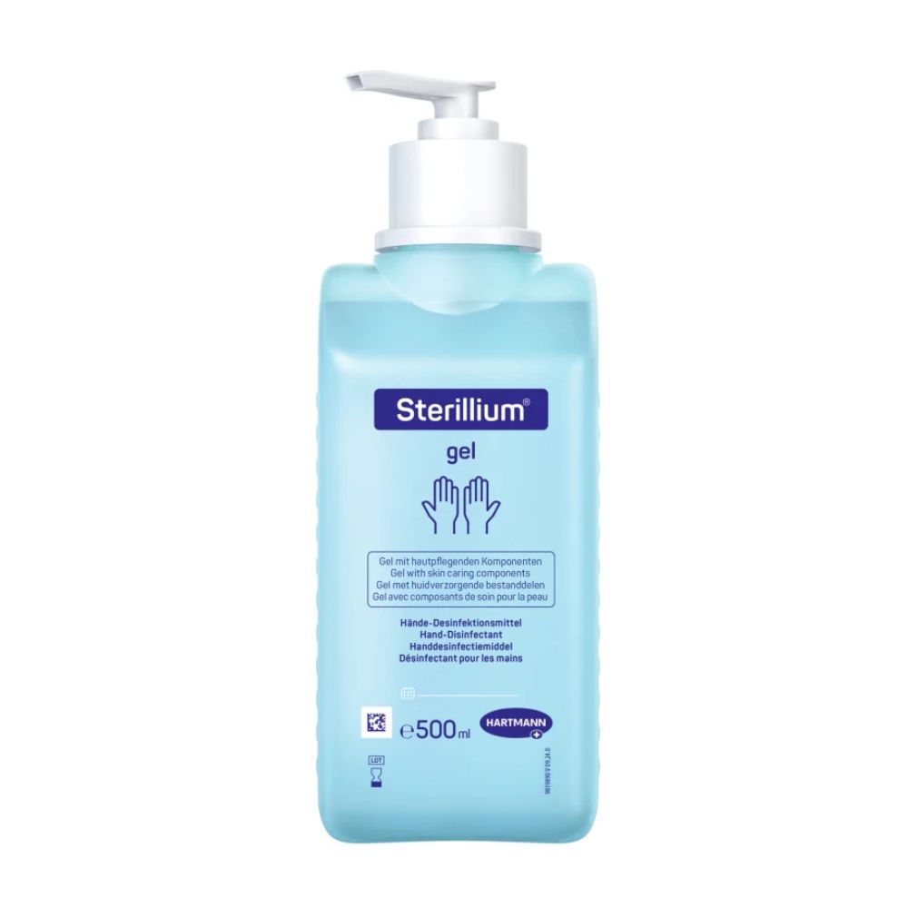 È raffigurata una bottiglia con pompa da 500 ml di gel disinfettante per le mani Hartmann Sterillium® della Paul Hartmann AG. La bottiglia azzurra con etichetta bianca riporta il testo in tedesco e francese per "disinfezione igienica delle mani" e mostra il nome del marchio e un paio di mani sopra il testo.