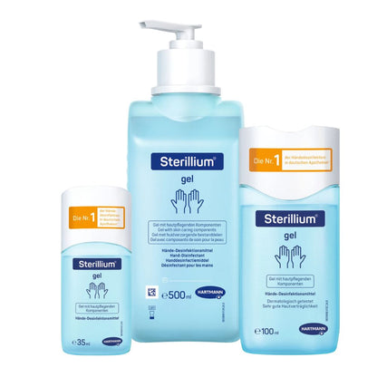 Il gel disinfettante per le mani Hartmann Sterillium® della Paul Hartmann AG è disponibile in tre formati di bottiglia - 35 ml, 500 ml e 100 ml - tutti con un'etichetta blu con testo bianco e un simbolo di una mano. È ideale per la disinfezione igienica delle mani ed è popolare nelle farmacie tedesche.