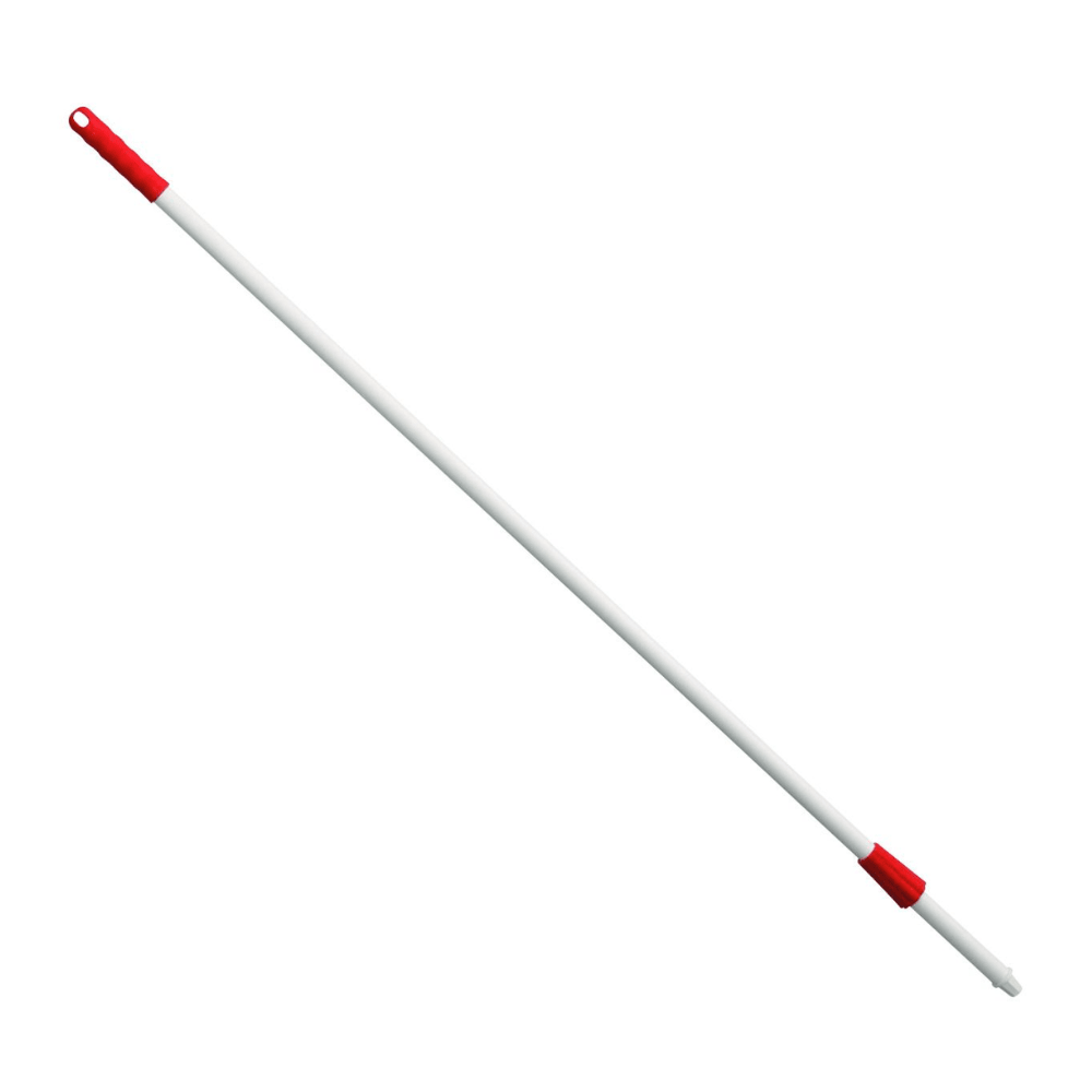 Un lungo manico di scopa non conduttivo in fibra di vetro bianco con una lunghezza di 1450 mm, un'impugnatura rossa e un'estremità filettata rossa per il fissaggio. Il manico di scopa progettato da Haug Bürsten KG dispone di un foro ergonomico nella parte superiore per un comodo appeso.