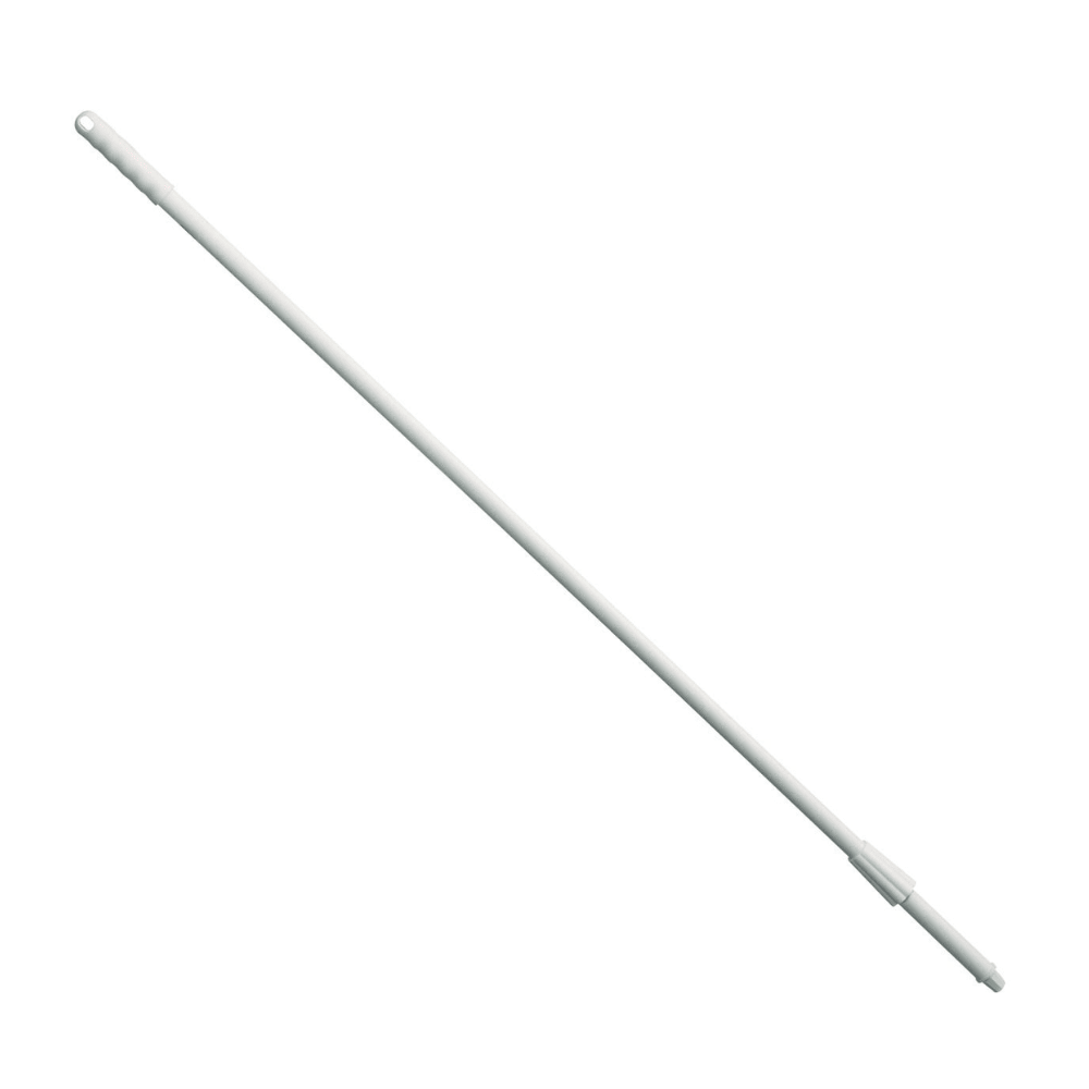 Un manico in fibra di vetro di Haug Bürsten KG in bianco su uno sfondo bianco semplice, composto da due segmenti e dotato di un foro a un'estremità per appendere o fissare, che lo rende leggero ed ergonomico.