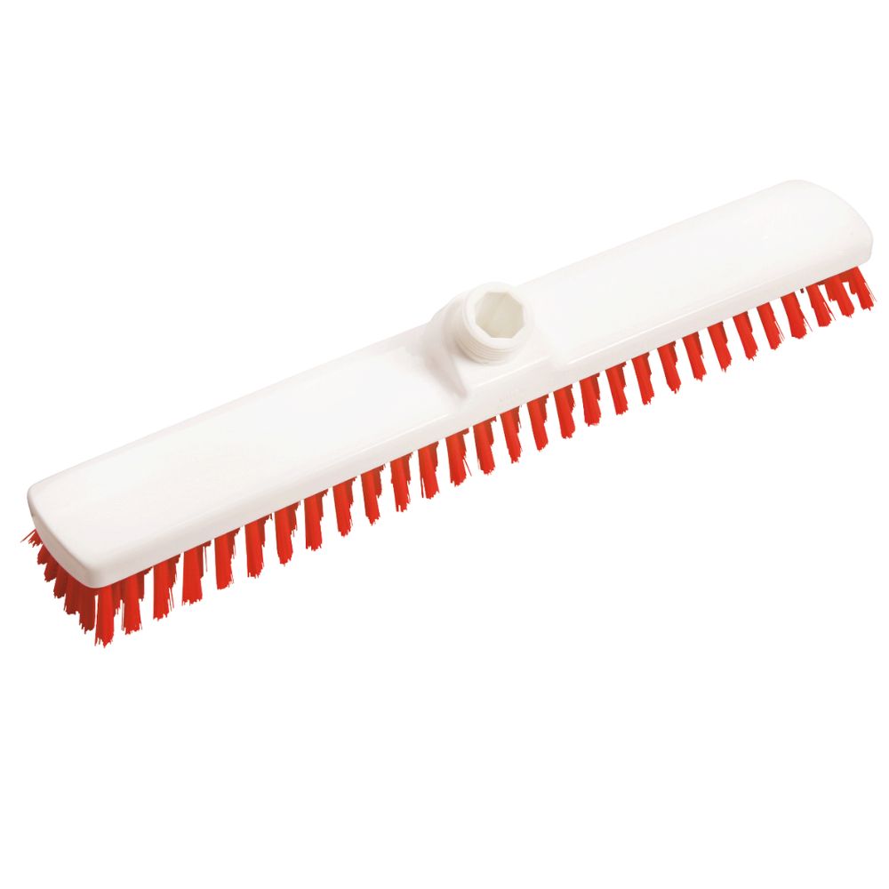 Immagine del Großraumwischer PBT Hart 400x60x26 mm di Haug Bürsten KG con manico in plastica bianca e setole rosse durevoli, ideale per la pulizia professionale. Dispone di un punto di fissaggio per l'attacco di un manico in alto, garantendo risultati accurati.